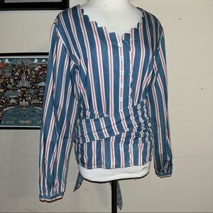 Buffalo David Bitton blue striped Top with scalloped neckline, long sleeves